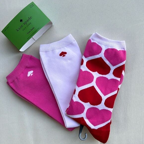 Kate Spade Pink Hearts Crew Socks 3 Pack - Picture 2 of 10